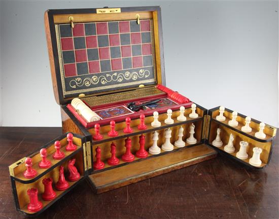 A Victorian burr walnut games compendium, 14in.